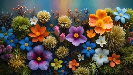 Poster - Colorful arrangement of various flowers and moss on a blue background showcasing diverse floral textures and shapes