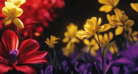 Poster - Colorful flower garden with vibrant red, yellow, and purple blooms in soft focus against a dark background