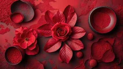Poster - Red floral arrangement with rose petals, leaves, and powdered pigments on textured surface in shades of red