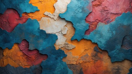 Poster - Abstract textured wall with vibrant colors of blue, orange, and red showcasing peeling paint and layered surfaces.