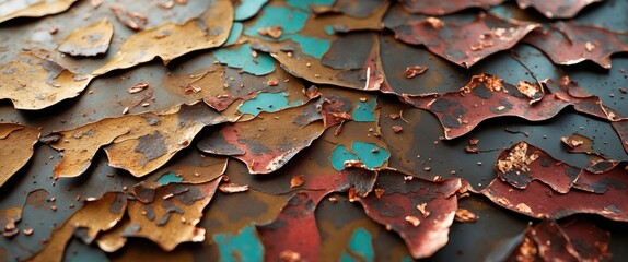 Poster - Detailed close-up of peeling paint layers showcasing rust and corrosion textures in shades of brown, teal and copper.