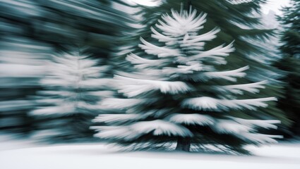 Poster - snow-covered pine trees blurred in motion with a winter landscape background