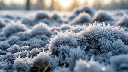 Wall Mural - frost covered grass and moss with sun rays shining through trees in the background during winter sea