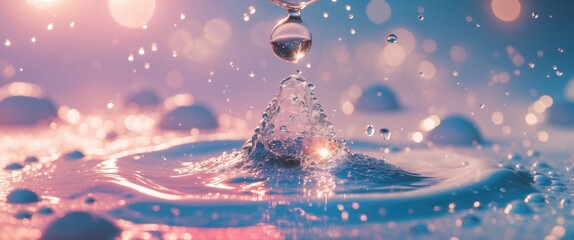Poster - Macro shot of water droplets colliding and creating splashes with a colorful blurred background and soft light reflections