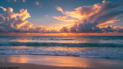 Poster - Tropical beach sunset with vibrant clouds reflecting over the calm ocean waves and golden sand shoreline during twilight hours