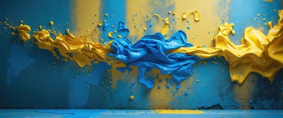 Poster - Colorful abstract paint splash in blue and yellow on a textured wall with drips and splatters creatividad in modern design and art Ø§Ù„ÙÙ†ÙˆÙ†.