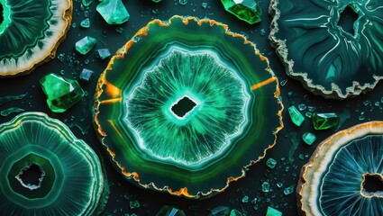 Poster - Green agate stone slices with crystal formations and gemstones on a dark background