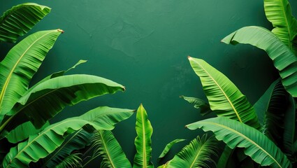 Poster - green tropical banana leaves against a dark green textured wall background with natural light and sh