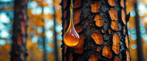 Wall Mural - golden resin drop clinging to a burnt tree trunk in a forest with autumn foliage highlighting the co