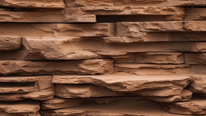 Poster - Stacked brown sandstone texture background with layered rocky surface in neutral tones for architectural and design use.