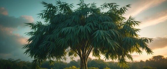 Poster - Bamboo tree with expansive green leaves under soft sunlight against a cloudy sky in natural landscape setting