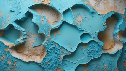 Poster - Textured blue wall surface with irregular cut-outs and exposed layers of paint and texture, showcasing abstract shapes and patterns.