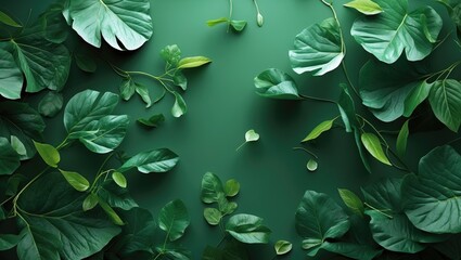 Poster - Green tropical leaves layout on a dark green surface with various leaf shapes and sizes arranged artistically