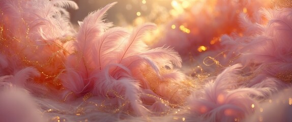 Poster - Soft pink feathers with golden sparkles and light bokeh on textured background