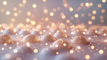 Poster - Abstract close-up of iridescent bubbles on a reflective surface illuminated by soft, warm bokeh lights creating a dreamy atmosphere.