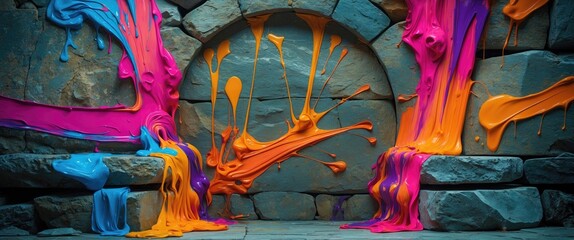  - Colorful paint splashes on stone wall with vibrant hues of pink, orange, and blue creating a striking visual contrast in an artistic setting