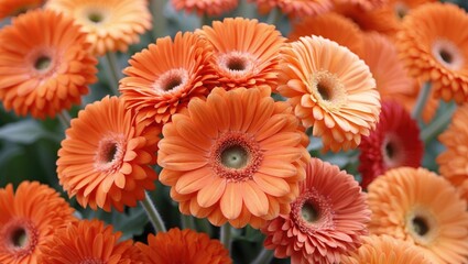 Wall Mural - orange gerbera daisies in full bloom showcasing various shades of orange and peach with green foliag