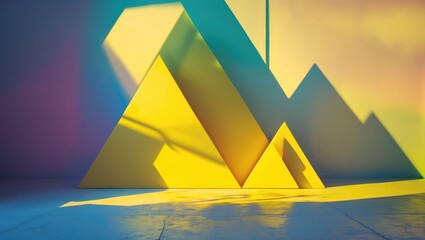 Poster - Geometric abstract shapes with vibrant yellow and blue lighting creating unique shadows on a textured surface