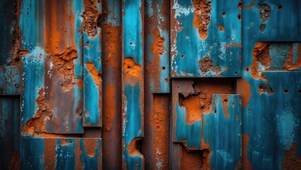 Poster - Rusty metal wall with turquoise paint and orange corrosion patterns creating a textured abstract background.
