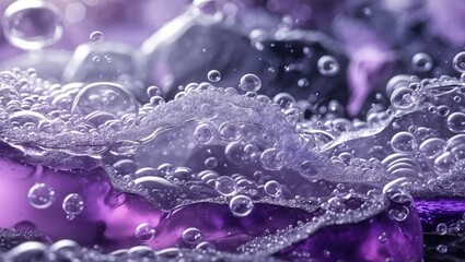 Poster - Macro shot of bubbles in purple liquid with translucent stones under water, creating abstract visual patterns and textures.