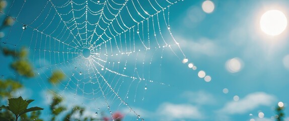 Poster - close-up of spider web covered in dew drops against bright blue sky with sunlight and blurred garden