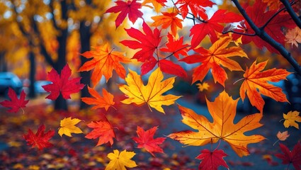 Poster - Colorful autumn leaves in varying shades of red, orange and yellow falling from trees in a blurred park setting.
