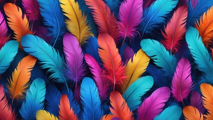 Poster - Colorful arrangement of vibrant feathers in shades of blue, purple, orange, and pink creating a lively textured background