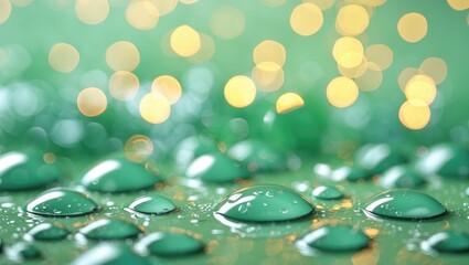 Poster - Close-up of water droplets on a green surface with blurred bokeh lights in the background creating a soft abstract effect