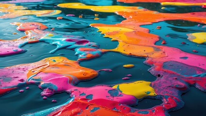Poster - Colorful abstract patterns of paint and oil floating on water surface with ripples and reflection in vibrant hues