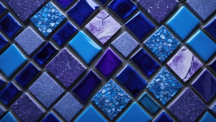 Poster - Colorful mosaic tile pattern with various shades of blue, purple, and gray arranged in a geometric design on a flat surface