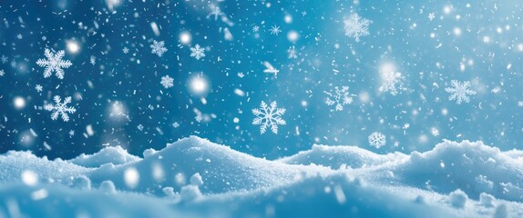 Wall Mural - snowflakes falling on snowy landscape with blue gradient background illuminated by soft light