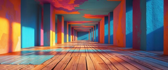Poster - Colorful abstract hallway interior with wooden flooring and vibrant wall art in blue, orange, and pink tones casting shadows on the ground.