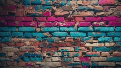 Poster - Colorful textured brick wall with blue and pink graffiti paint applied over weathered and chipped surface