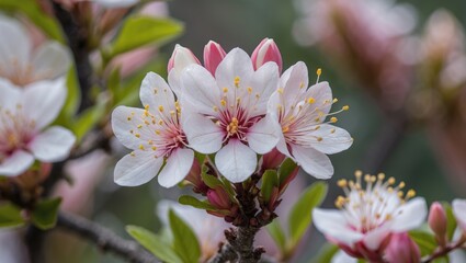 Poster - close-up of delicate pink and white blossoms on a flowering tree branch with fresh green leaves and 