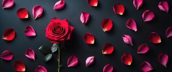 Poster - Red rose flower surrounded by pink petal fragments on dark surface.