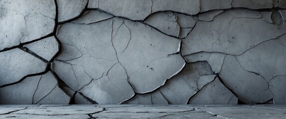 Poster - Cracked concrete wall texture with prominent fissures creating an industrial and aged appearance in a flat lay perspective