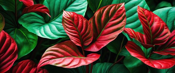 Wall Mural - Vibrant Caladium leaves featuring rich red and green hues with intricate textures creating a striking botanical background.