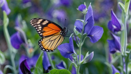 Wall Mural - Monarch butterfly feeding on vibrant purple butterfly pea flowers in a lush garden setting. Nature's beauty captured in bloom.