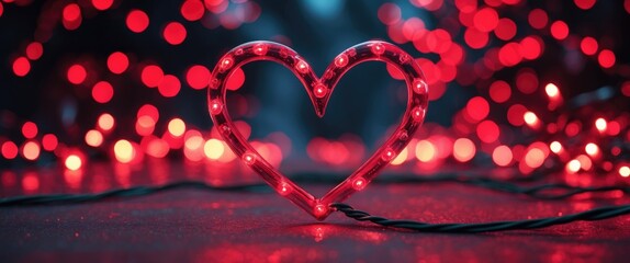 Poster - Red neon heart shaped light surrounded by blurred red bokeh lights on a dark background festive decoration concept