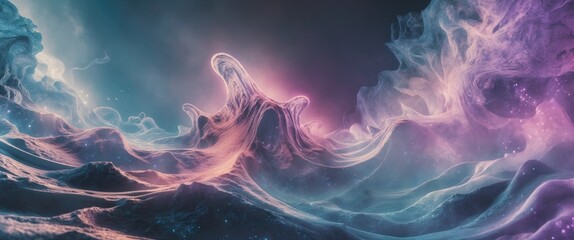 Poster - Abstract colorful waves with soft textures and glowing effects against a dark background representing cosmic or fluid dynamics.