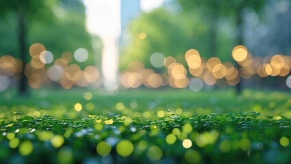 Poster - green grass field with blurred bokeh lights in the background creating an abstract natural scene in 
