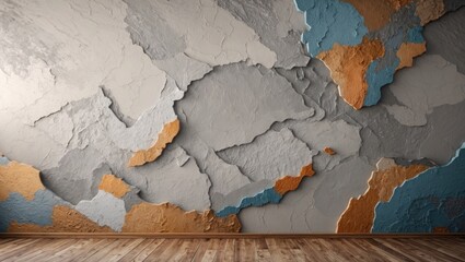 Poster - Textured wall with gray, blue, and orange plaster in an indoor setting with wooden floor and natural light shadows.
