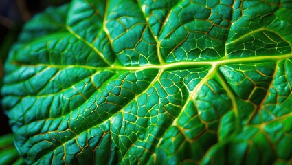 Wall Mural - close-up of a vibrant green leaf with intricate texture and detailed veins under natural light
