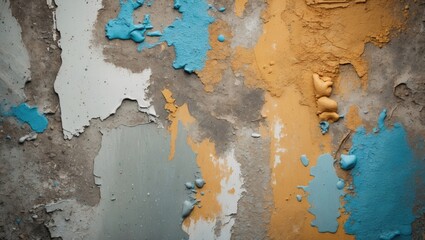 Poster - Textured wall with peeling paint in various colors including blue, orange, and gray showing layers and rough surface details