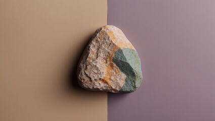 Poster - Rock placed asymmetrically on two-tone background with beige and mauve colors highlighting natural textures and colors of the stone.