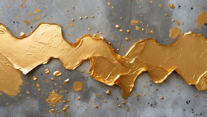 Poster - Gold foil texture on concrete background with irregular shapes and drops of gold paint creating an artistic abstract design