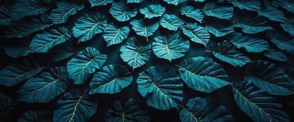 Poster - close-up of dark green tropical leaves arranged in a flat pattern with contrasting light and shadows