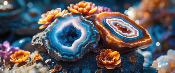 Poster - Geode stones with vibrant blue and orange bands surrounded by small orange flowers on a rocky surface under natural light
