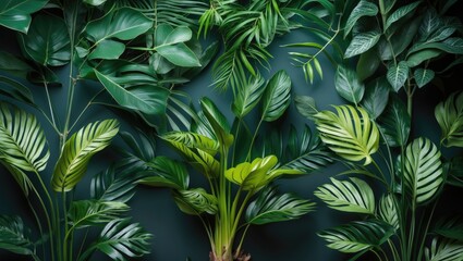 Poster - green foliage arrangement on dark background showcasing various tropical leaves in flat lay composit
