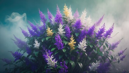 Poster - Colorful floral arrangement featuring purple, white, and yellow flowers with green leaves surrounded by soft mist and atmospheric background